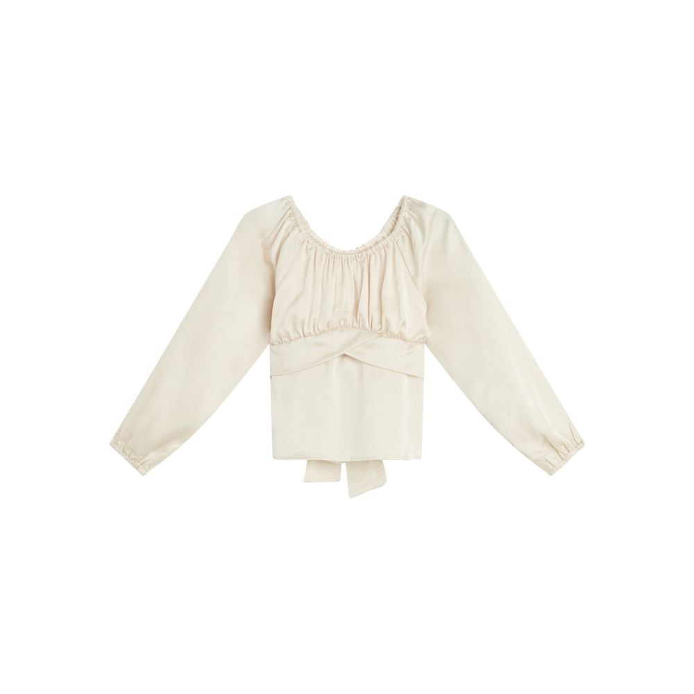 Beautees Size Extra Large Beige Tie-Back Satin Peasant Blouse Top NWT